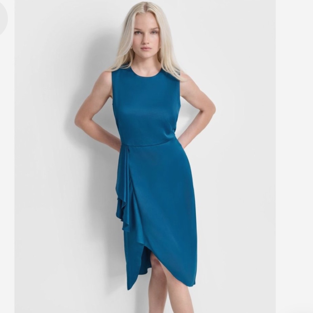 DKNY  sleeveless ruffled accent satin  dress